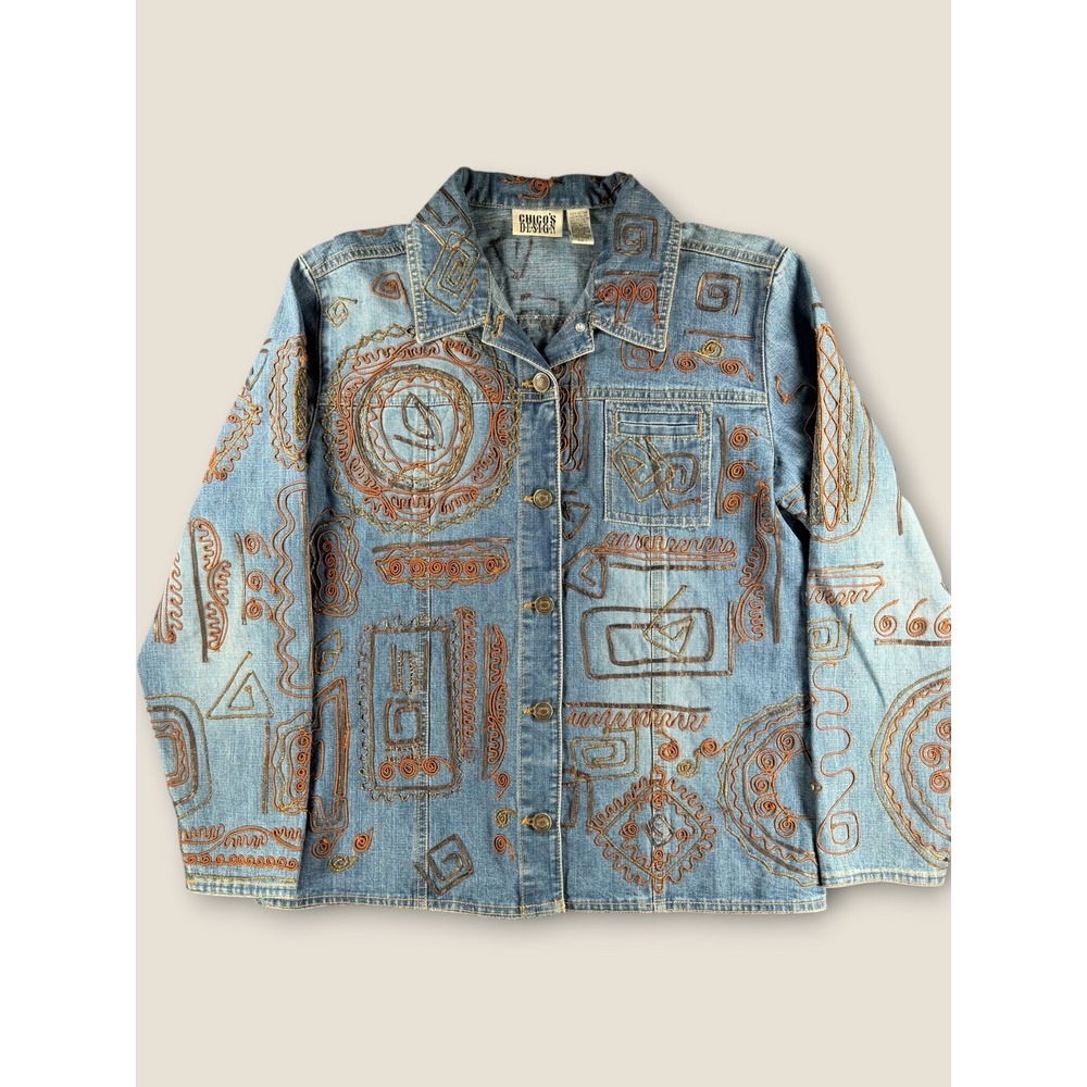 Chicos Design Vintage Embroidered Denim Jacket Blue Tribal Metallic Size 1 M